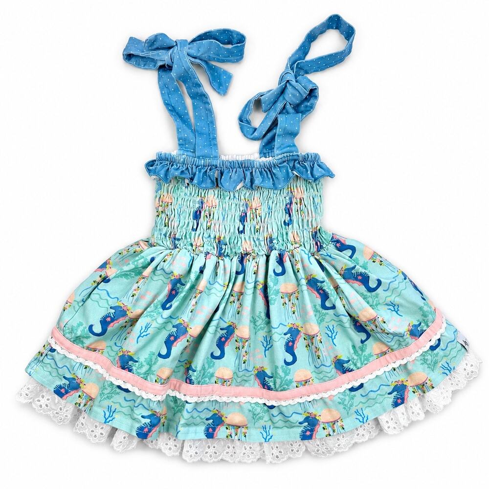 Love + Grow Seahorse Smocked Dress Girls 18M Blue Coastal Mermaidcore Nautical